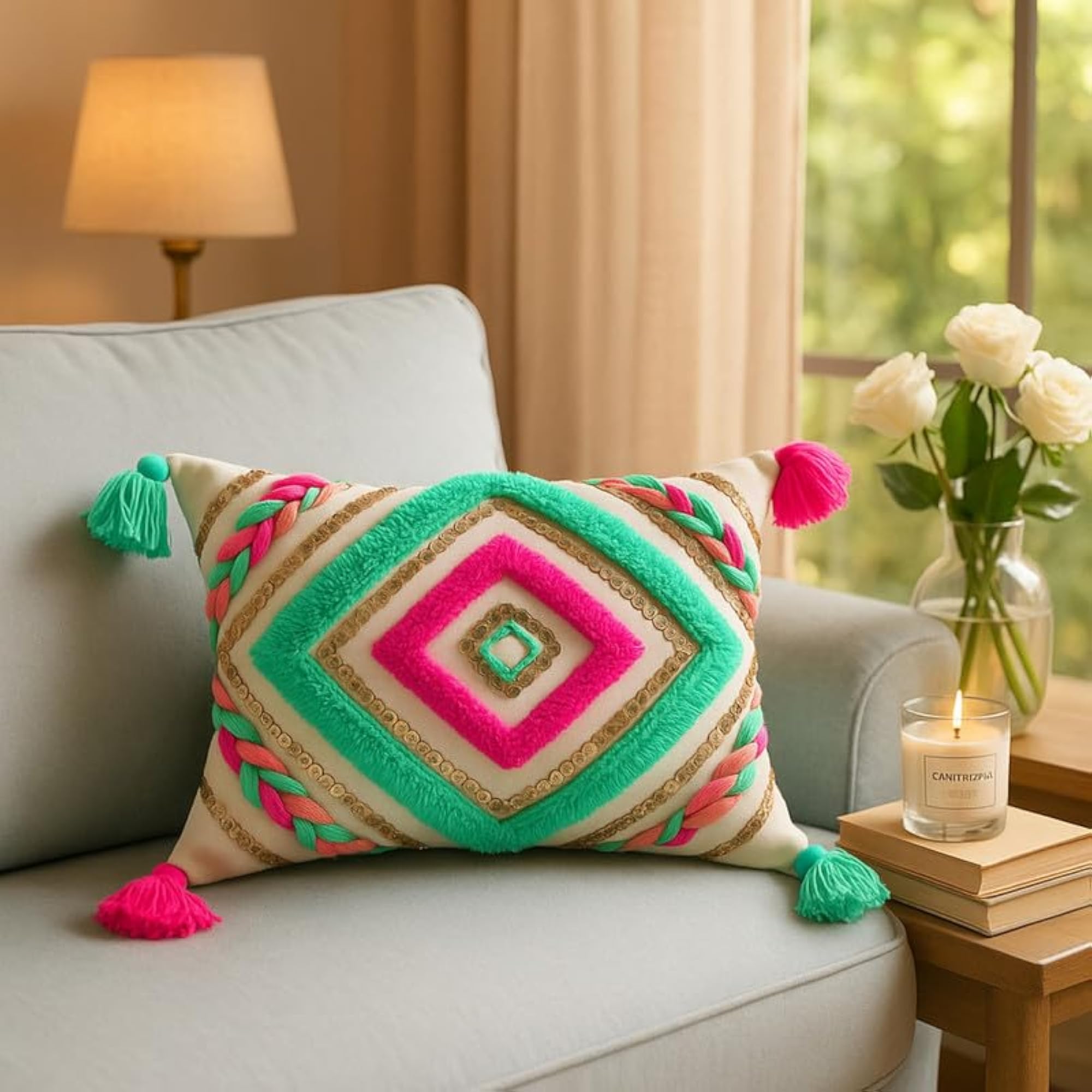 Cama Mint Green Cushion Cover, Geometric Pattern with Tassel